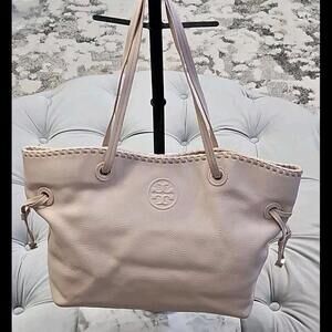 Tory Burch Logo X Large Blush Pink Pebbled Leather Tote Shoulder Bag Purse WOW
